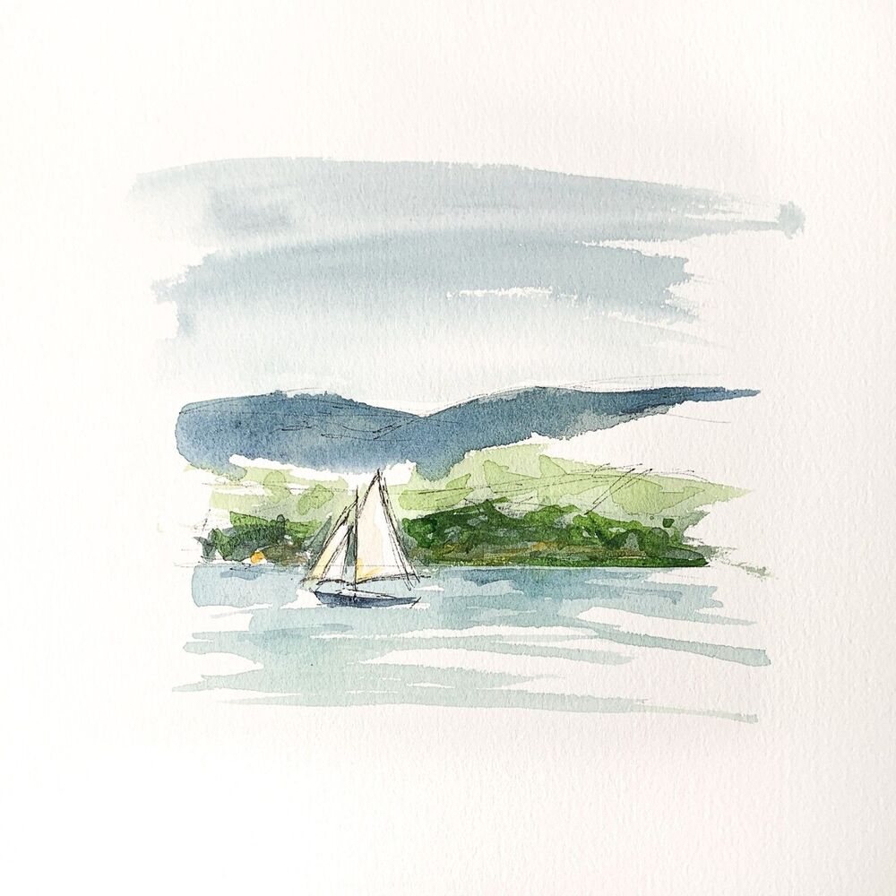 8x8 Maine Original Oil Watercolor Ink Sailboat Nautical New England Art Signed